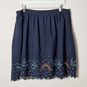 Modcloth Whimsical Navy Embroidered Skirt Birds Rainbow Stars Scalloped Hem 1X